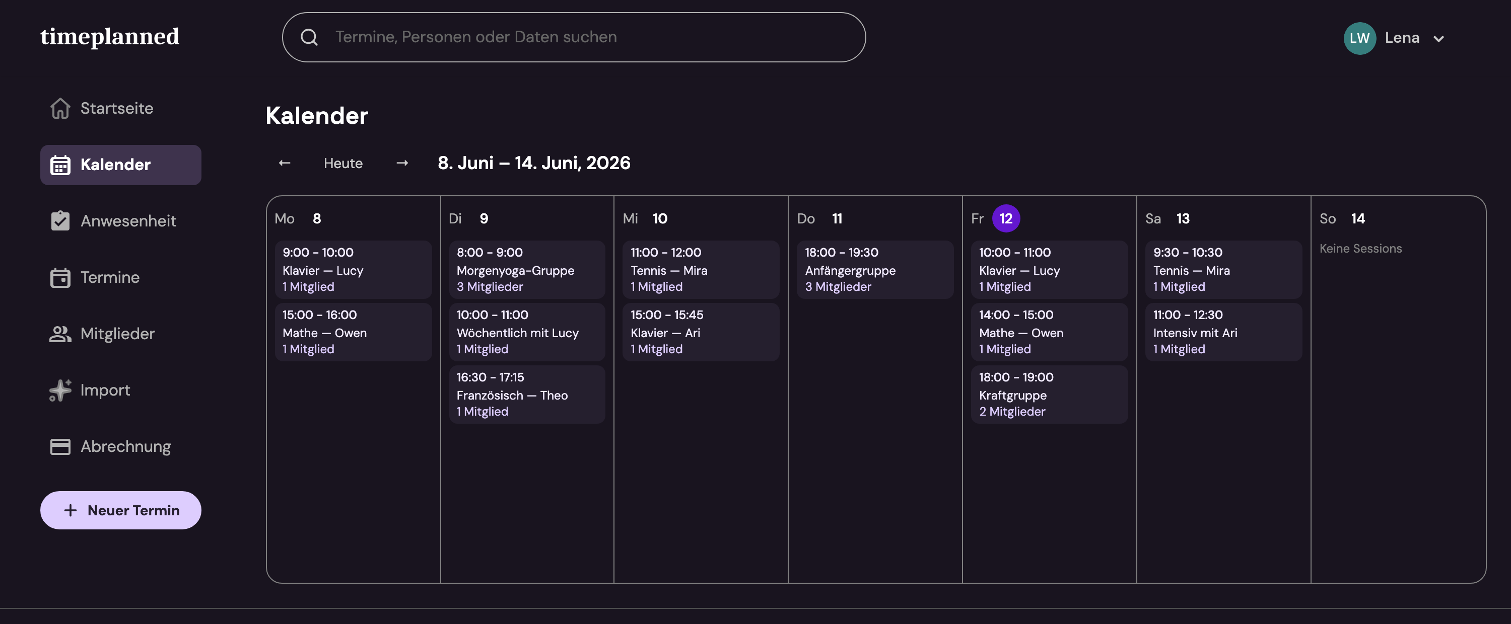 TimePlanned-Kalender — eine Woche Sessions auf einen Blick