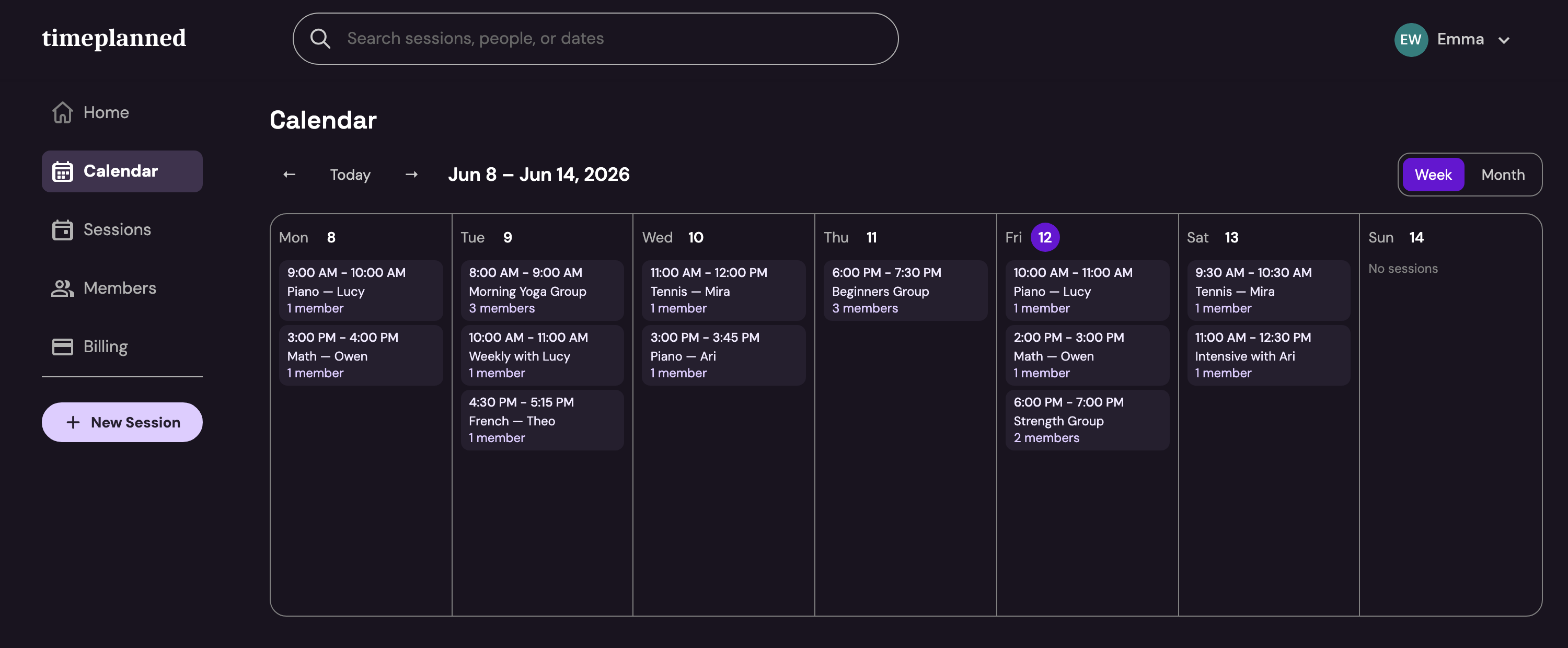 TimePlanned calendar — a week of sessions at a glance