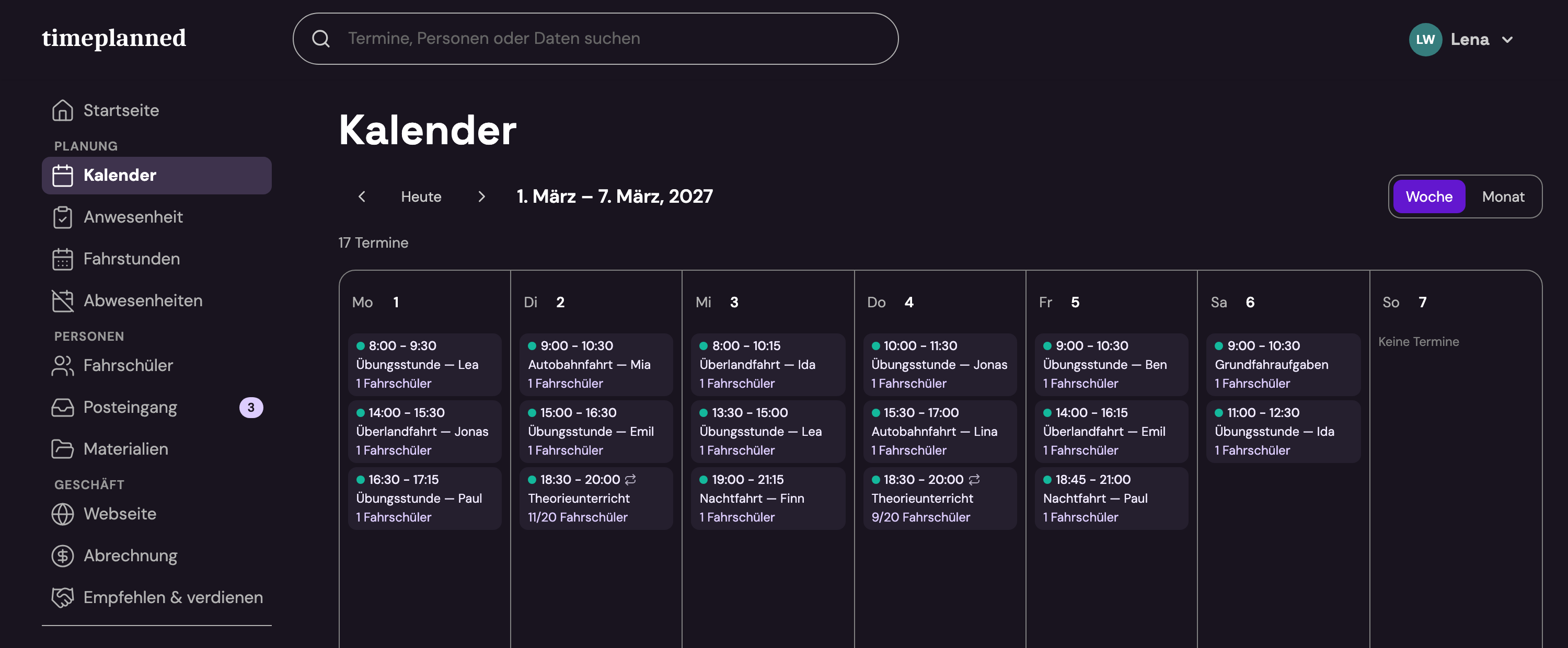 TimePlanned-Kalender — eine Woche Sessions auf einen Blick