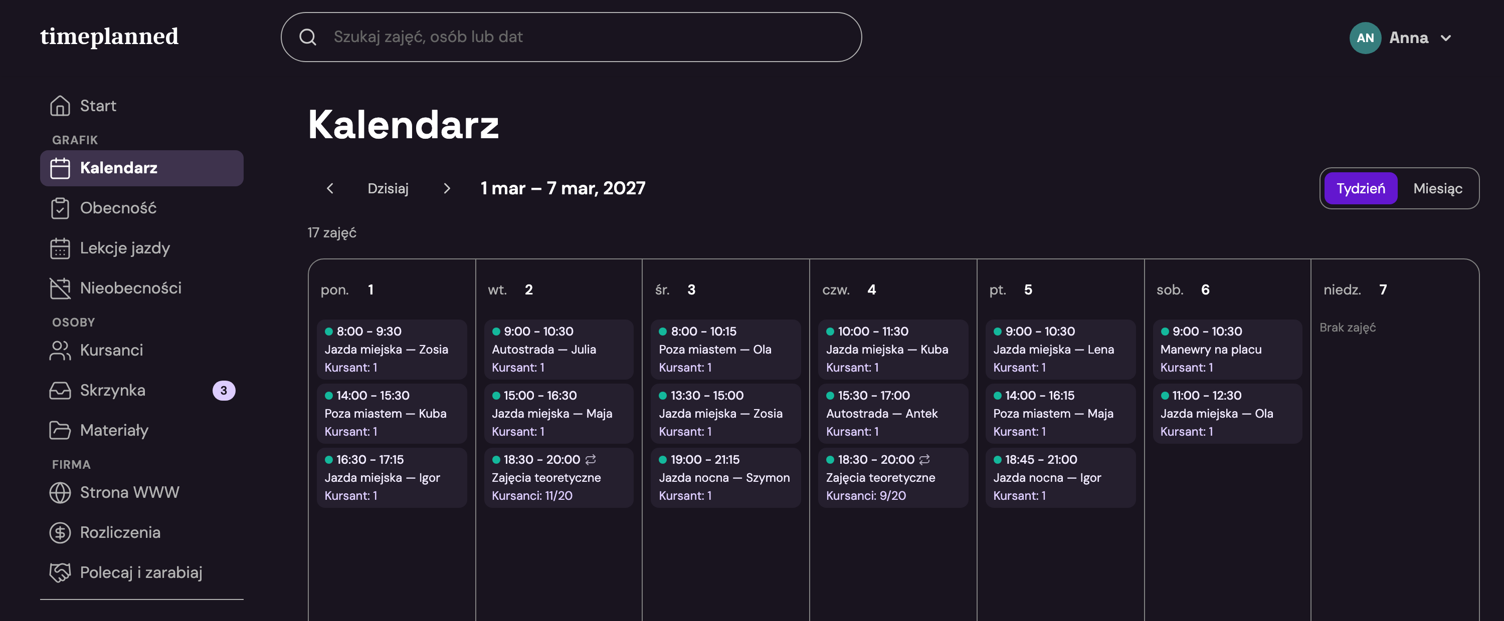 Kalendarz TimePlanned — tydzień zajęć na jeden rzut oka
