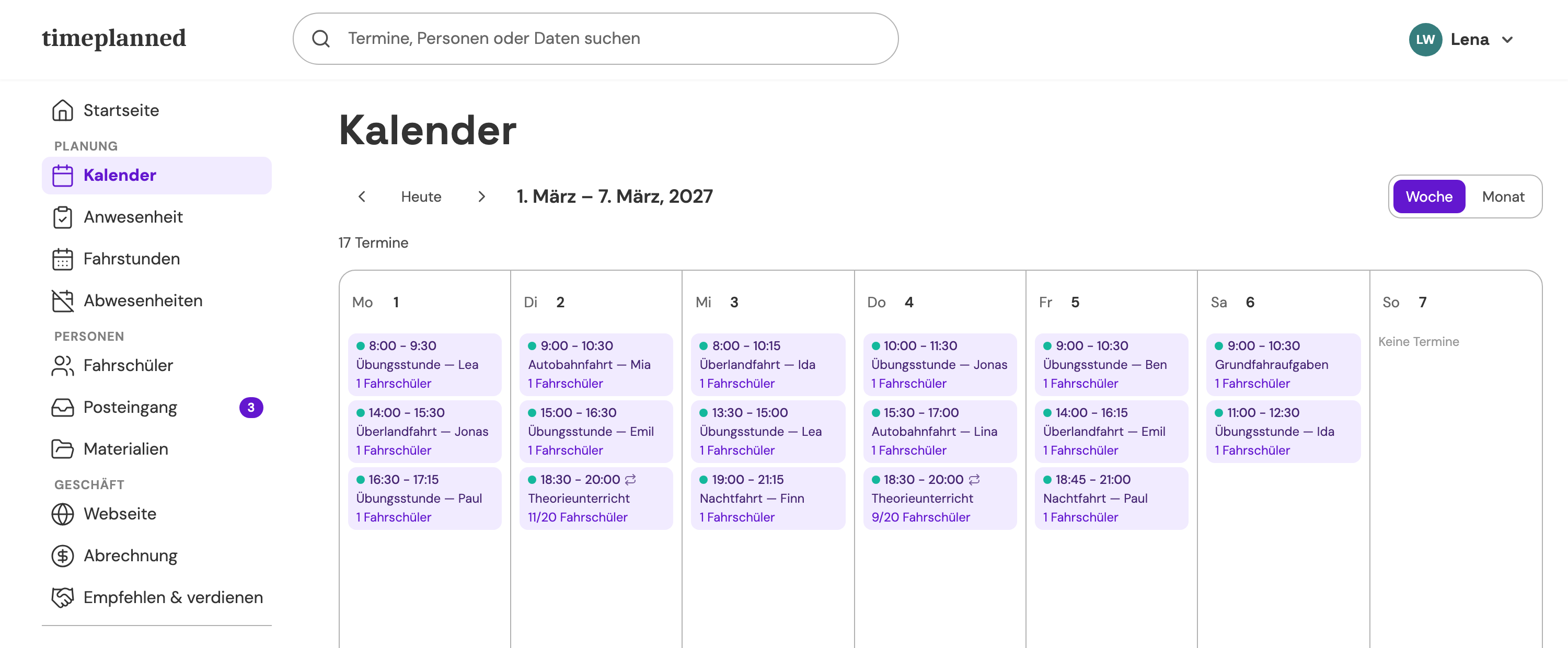 TimePlanned-Kalender — eine Woche Sessions auf einen Blick