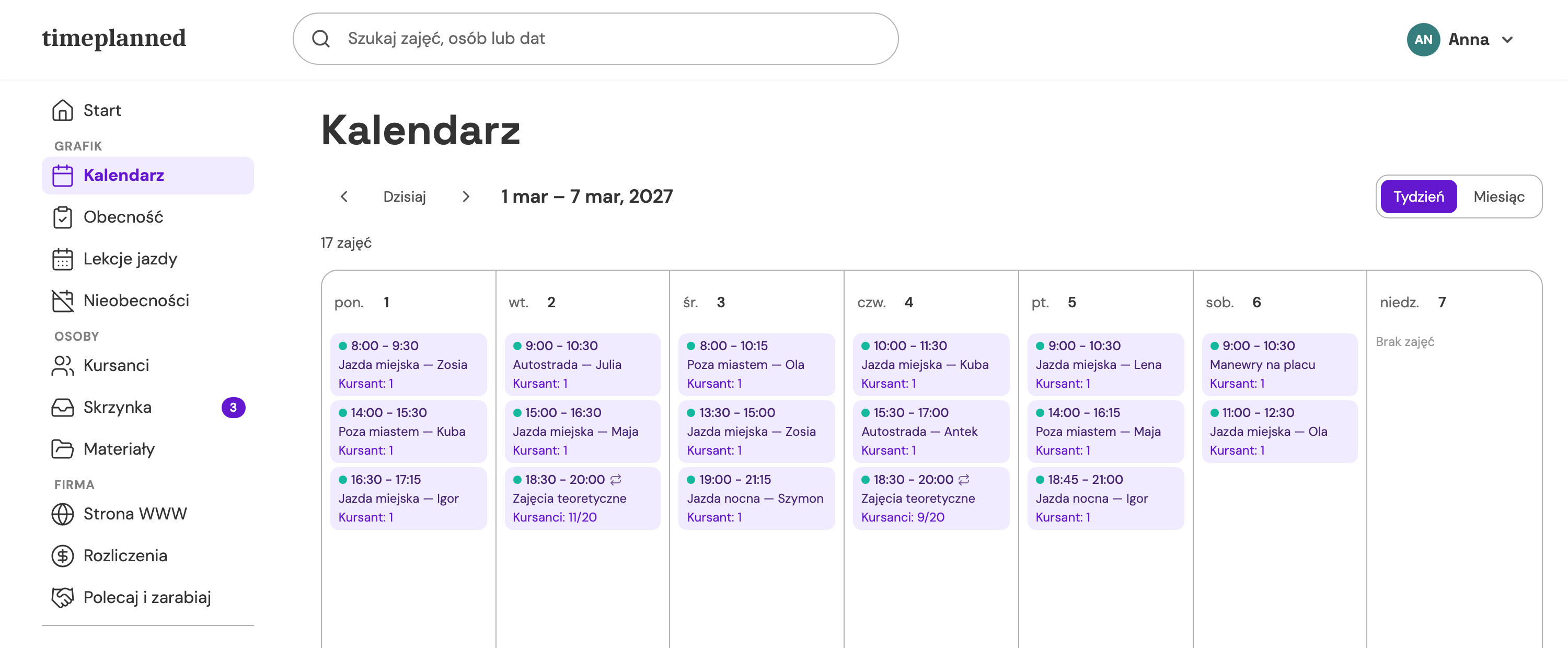 Kalendarz TimePlanned — tydzień zajęć na jeden rzut oka
