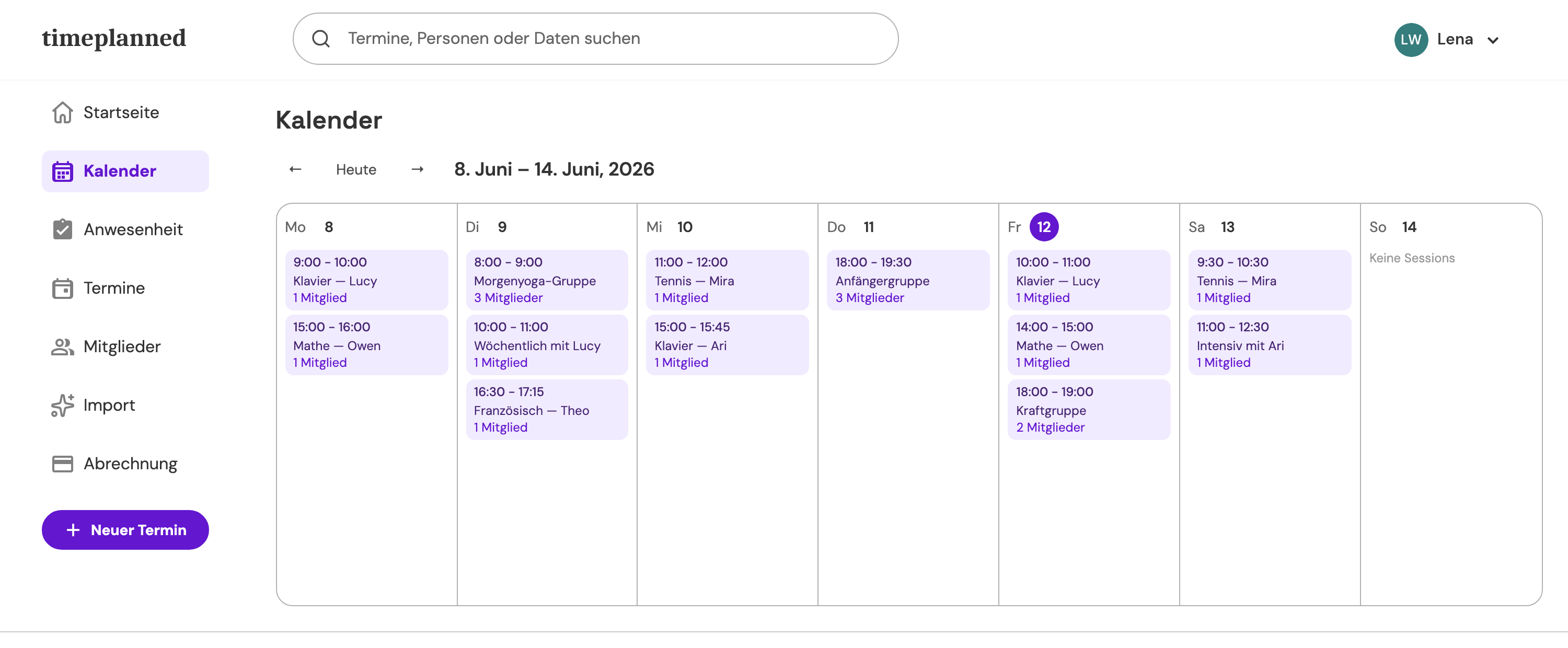 TimePlanned-Kalender — eine Woche Sessions auf einen Blick