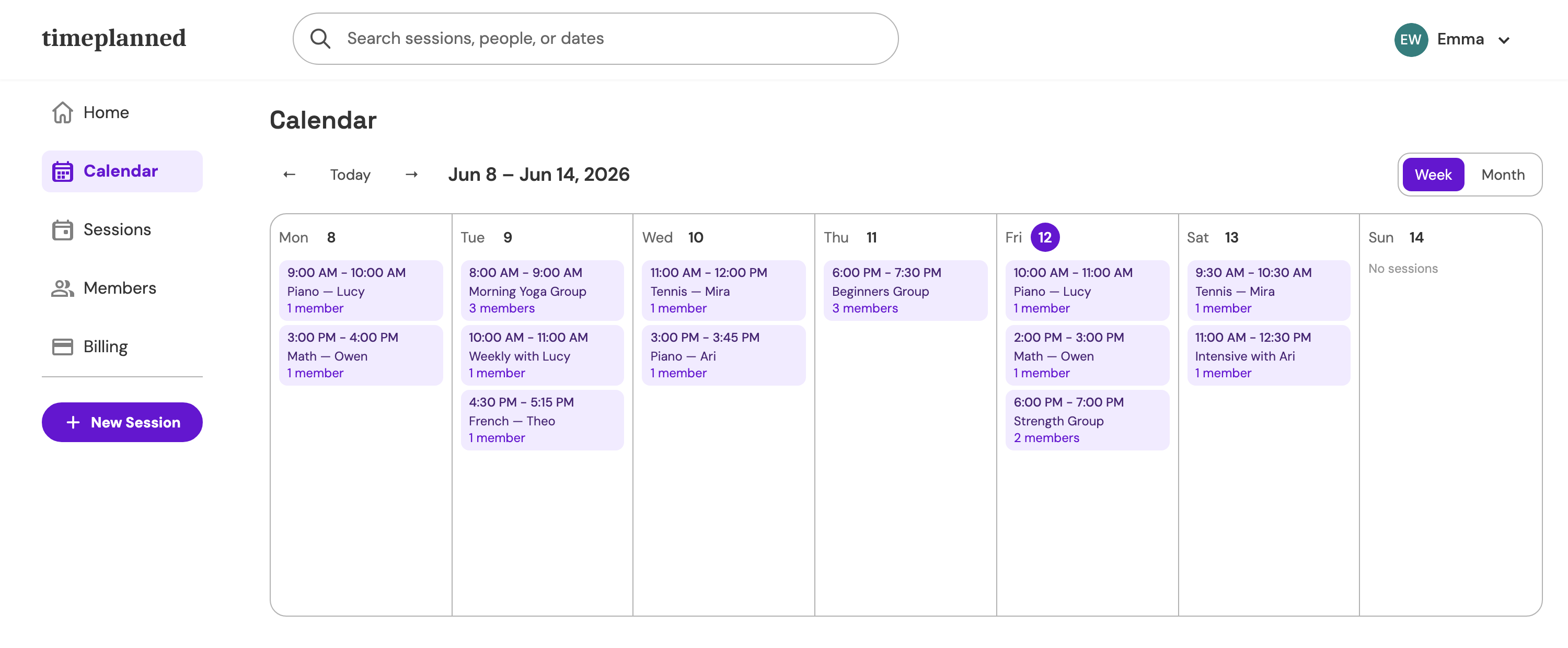 TimePlanned calendar — a week of sessions at a glance