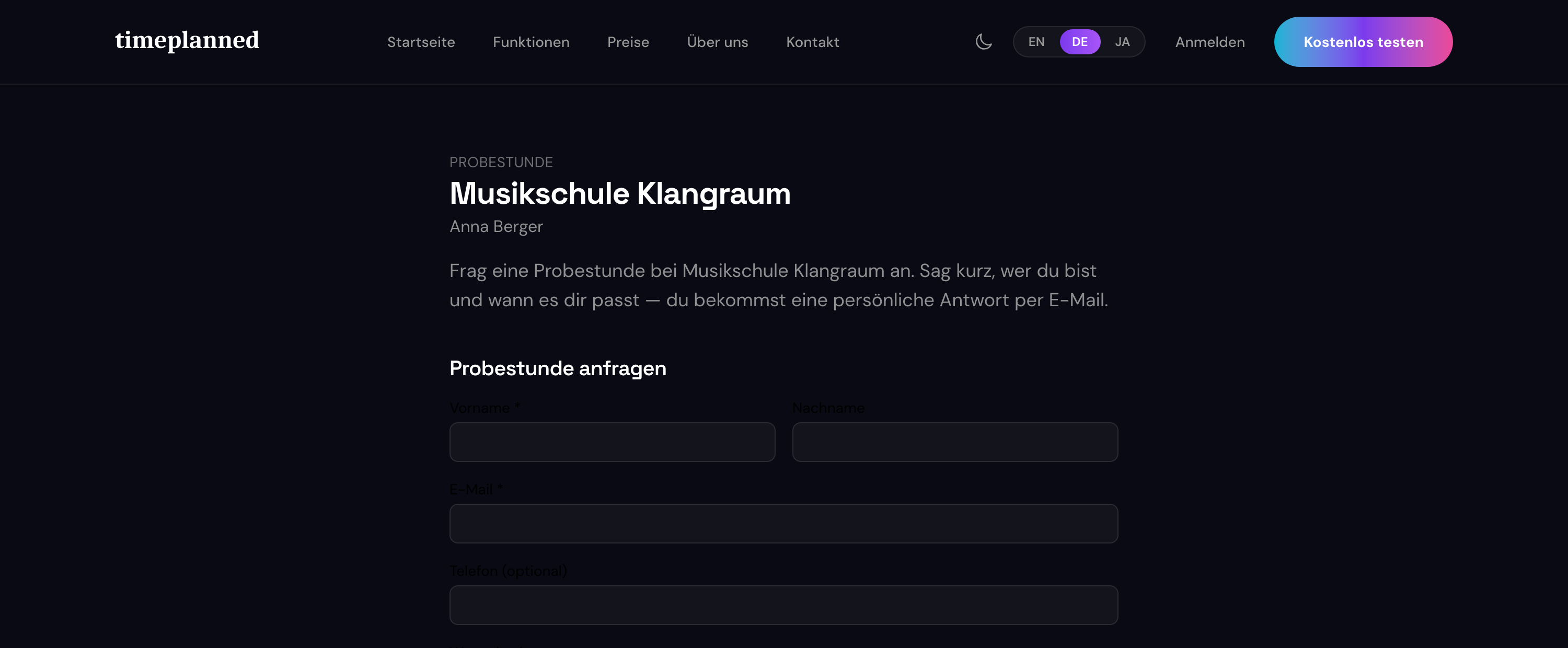 Die öffentliche Buchungsseite eines Studios mit Probestunden-Anfrageformular
