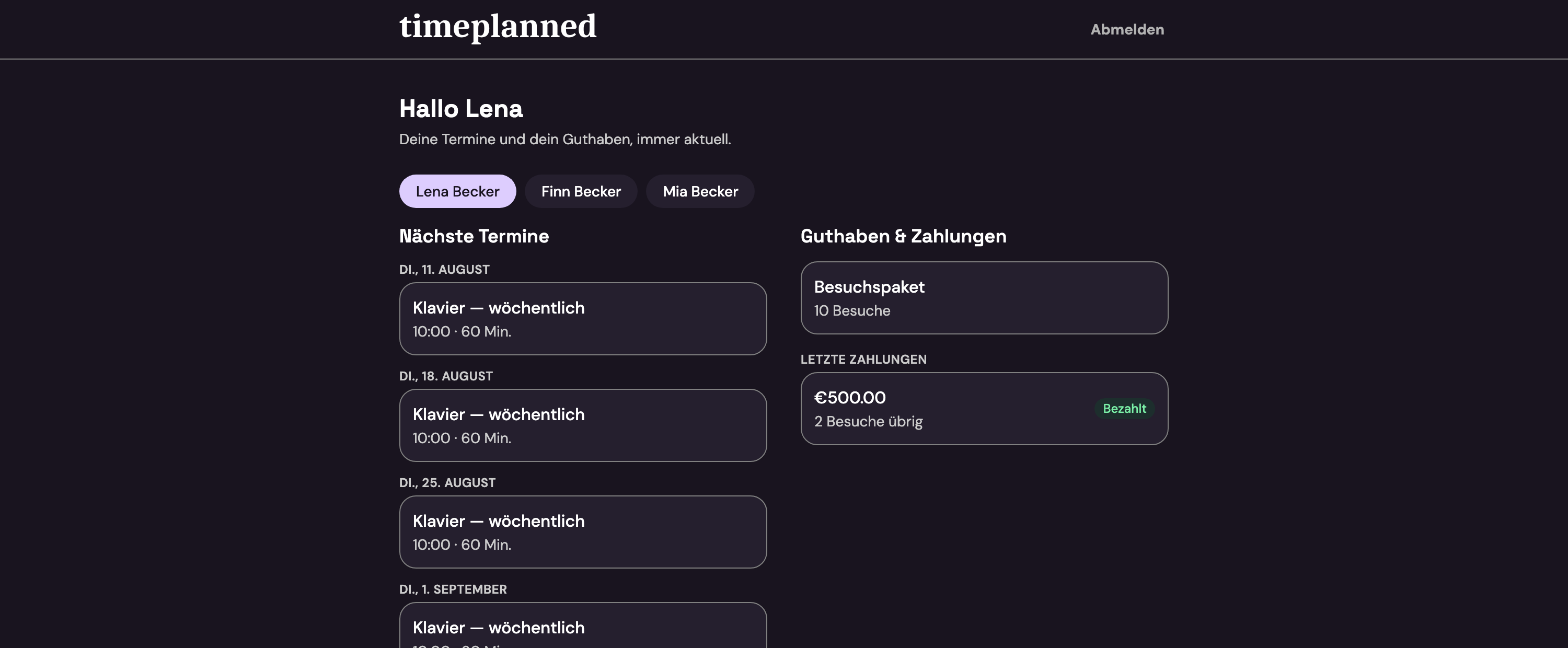 Das Mitgliederportal mit nächsten Stunden und Restguthaben der Zehnerkarte