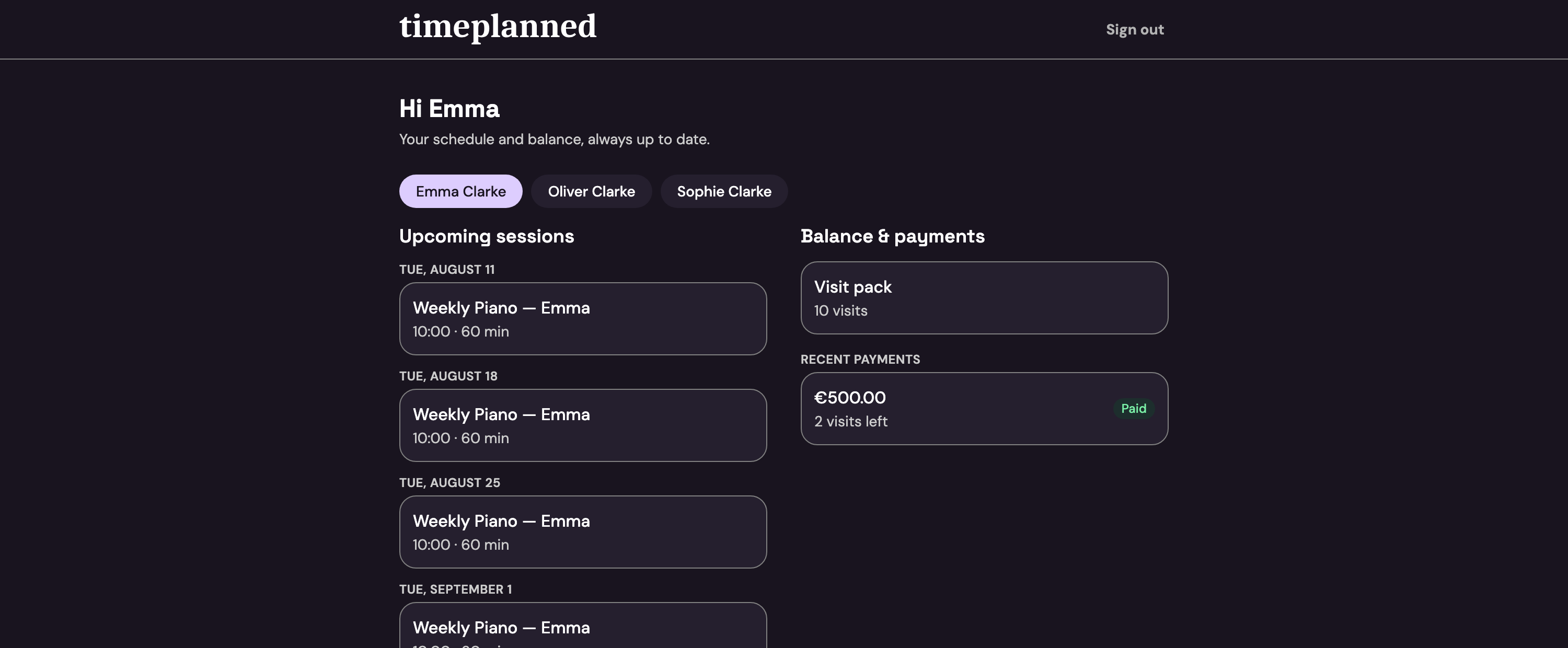 The member portal showing upcoming lessons and the remaining lesson-card balance