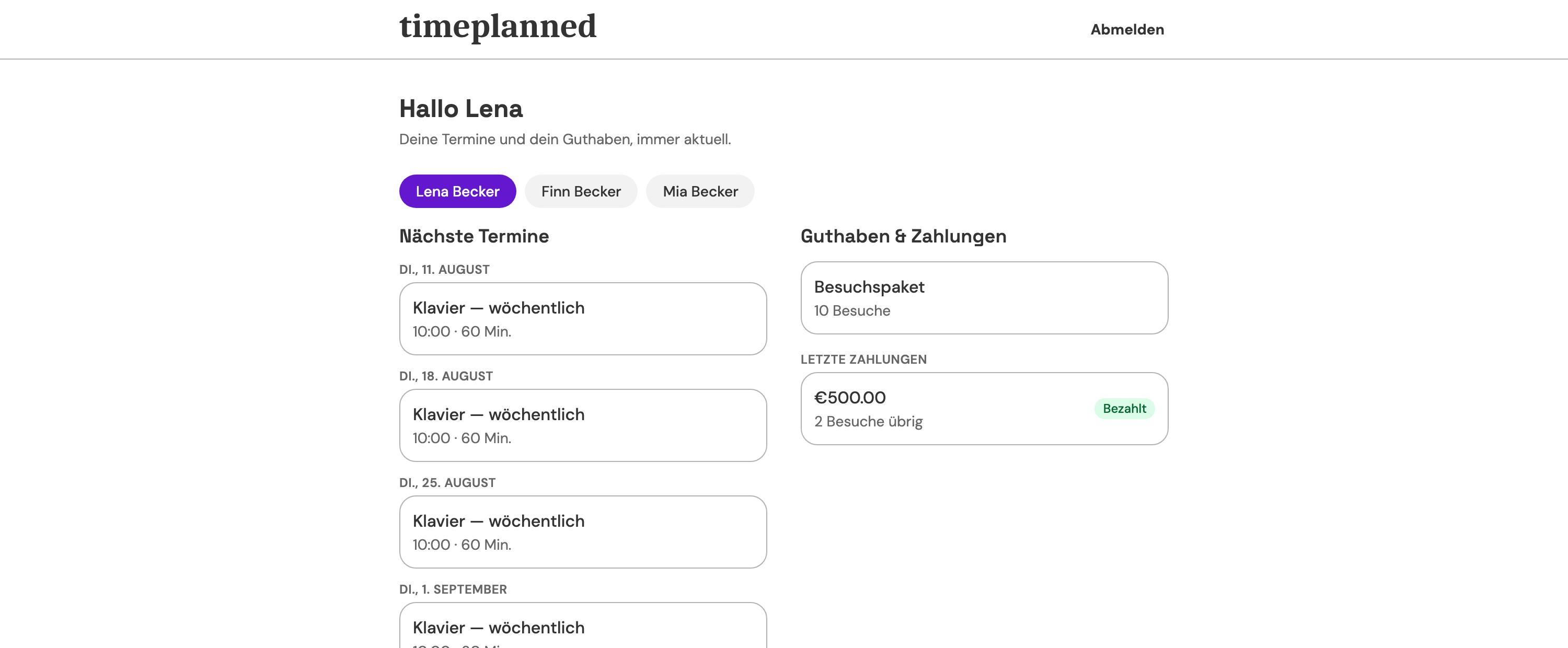 Das Mitgliederportal mit nächsten Stunden und Restguthaben der Zehnerkarte