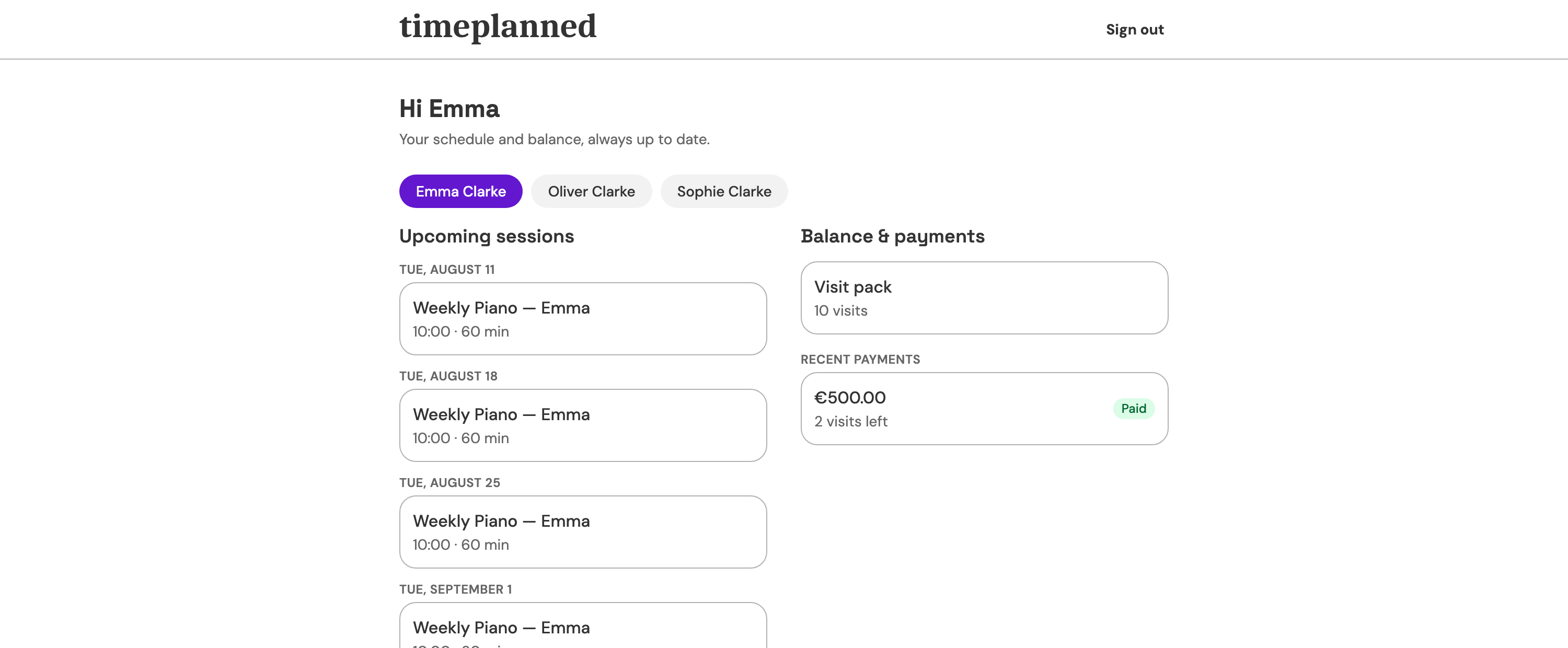 The member portal showing upcoming lessons and the remaining lesson-card balance