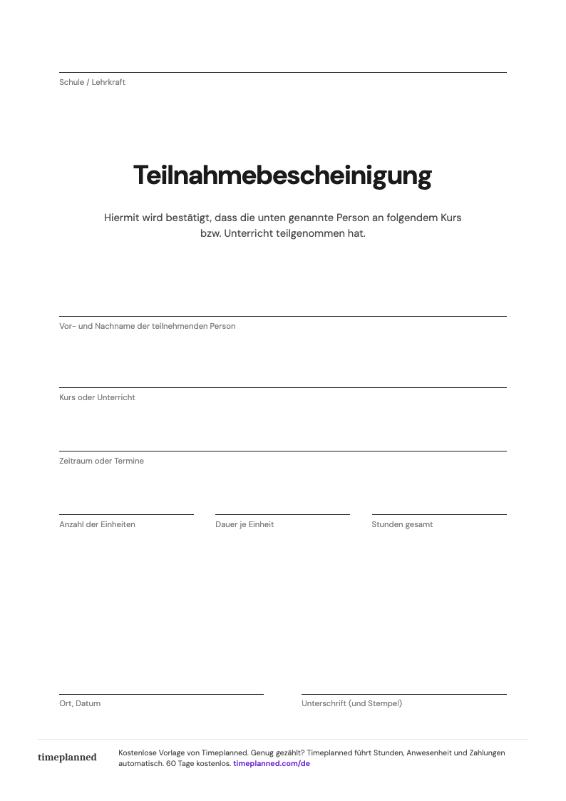 Vorschau der Teilnahmebescheinigung mit Zeilen für Person, Kurs und Stunden