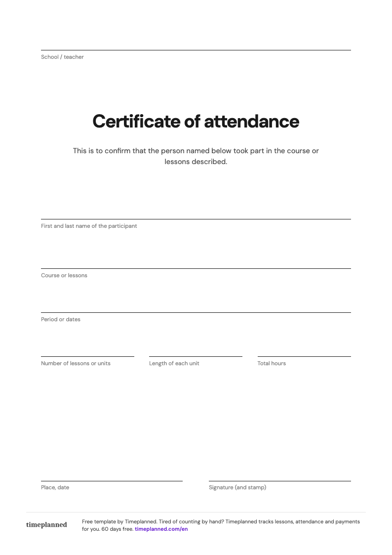 Preview of the certificate of attendance template with lines for participant, course and hours