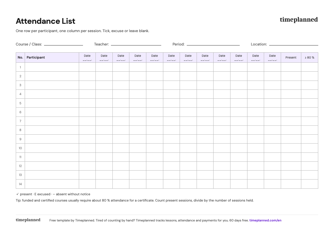 Preview of the attendance list template with a participant grid