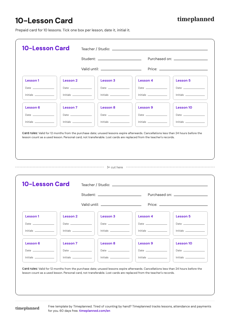 Preview of the 10-lesson card template with ten dated boxes