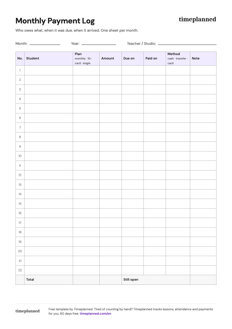 Preview of the monthly payment log template