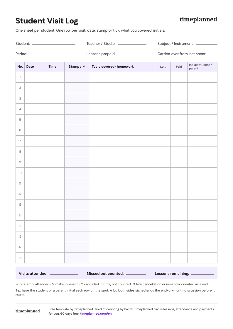 Preview of the student visit log template with stamp boxes