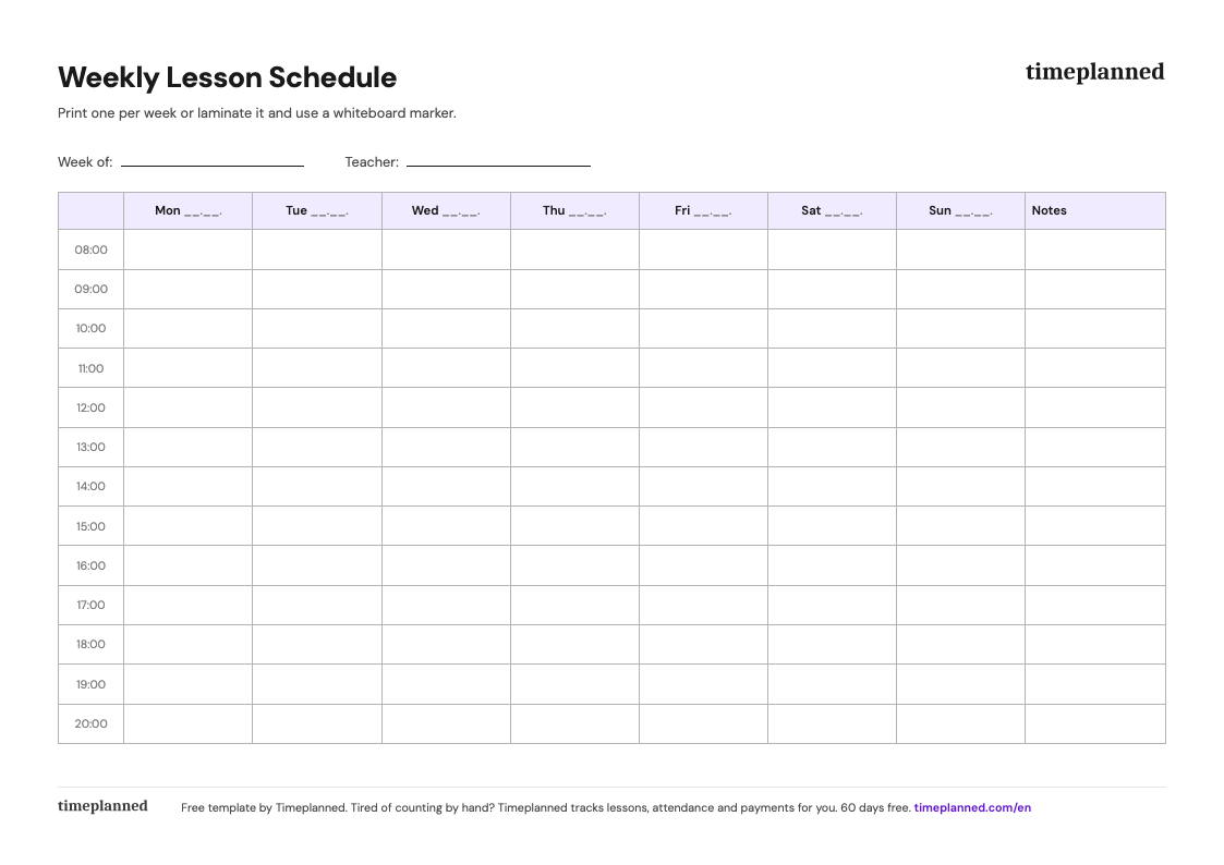 Preview of the weekly lesson schedule template